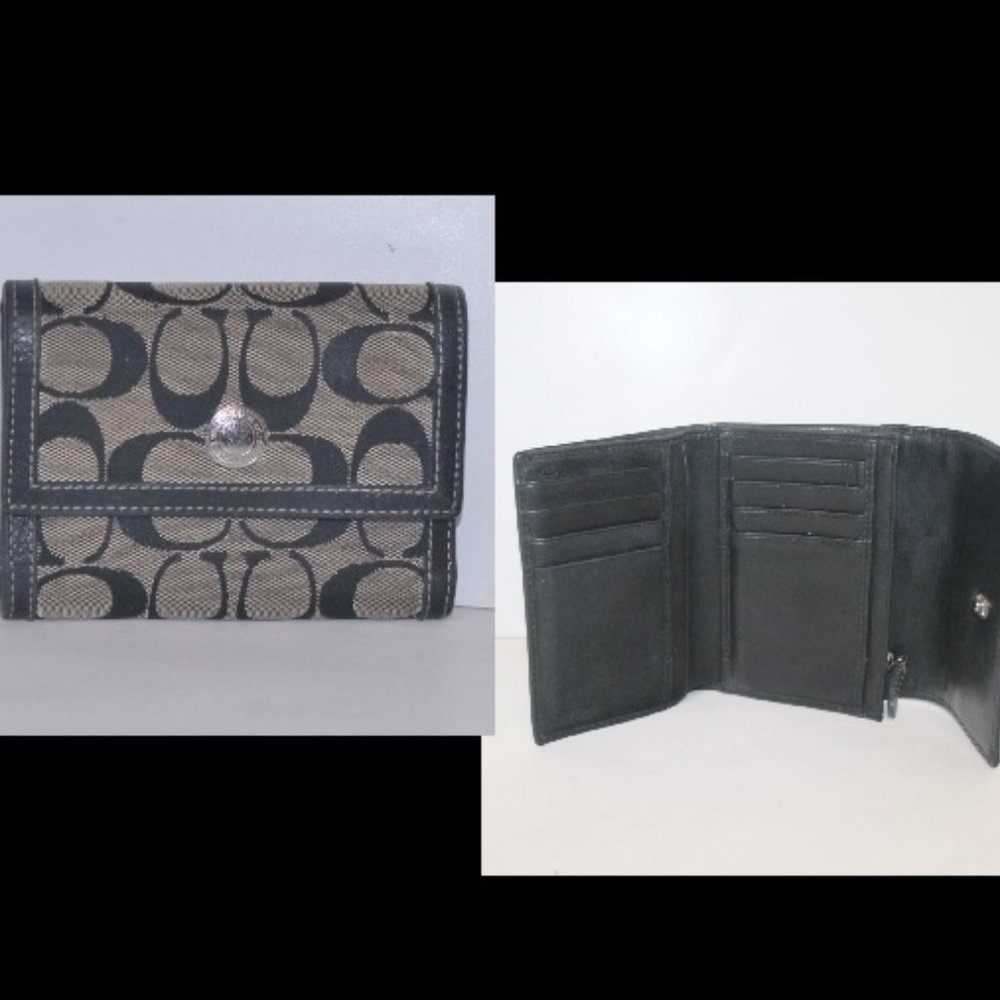 Coach Blue Signature Jacquard & Leather Small Compact Trifold Wallet